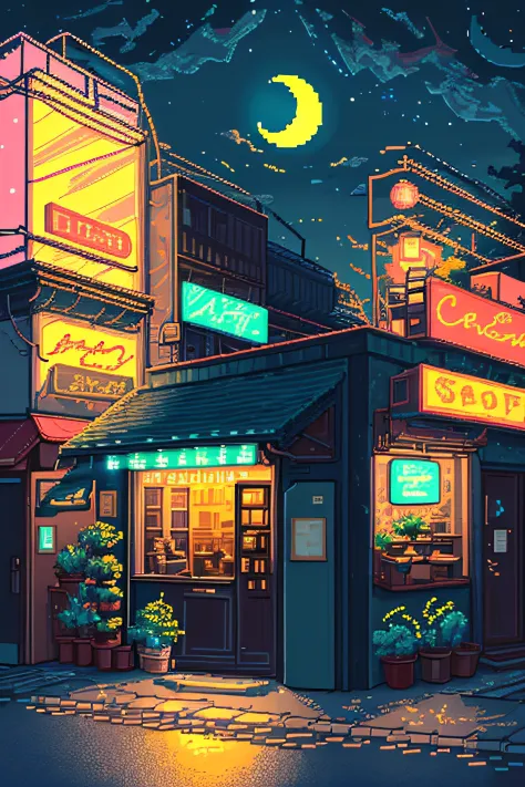 no humans, outdoors, sky, night, moon, plant, coffe shop, star (sky), night sky, scenery, city, sign, potted plant, wide shot, crescent moon, neon lights, pixel art, pixel