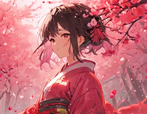 Danfeng Eyes，bushido，The upper part of the body，Black coiled hair，Simple hairpins，Cold eyes，solo person，orthofacial，frontage，Peach blossom background，Highly saturated colors，Hyper Real，8K high-definition，holding a longsword，Absolutely beautiful，high light，...