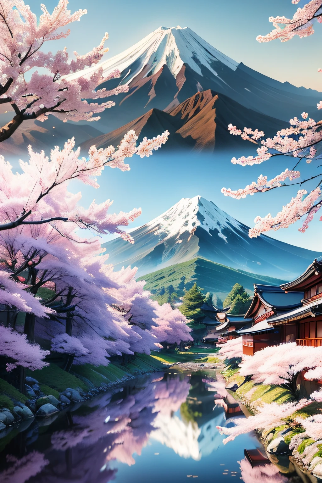 Premium Photo | Beautiful pink cherry trees and mount fuji in the  background of this japan anime scenery wallpaper