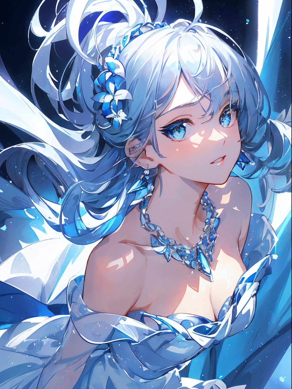 masterpiece, best quality, illustration, sax blue, platinum earrings, platinum necklace, white dress, 1girl, cute, (dynamic lighting:1.2), cinematic lighting, delicate facial features, detailed eyes, sharp pupils, realistic pupils, depth of field, bokeh, sharp focus, (hyper-detailed, bloom, glow:1.4), many small gems