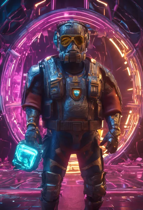Hyperrealistic, illusory engine, 。.3D, Cyberpunk meta-dwarf wearing high-tech VR goggles, Cybernetic beard. Holding a sci-fi gold mine pickaxe,  In the holographic hyperspace metaverse 50mm ,Ray tracing,