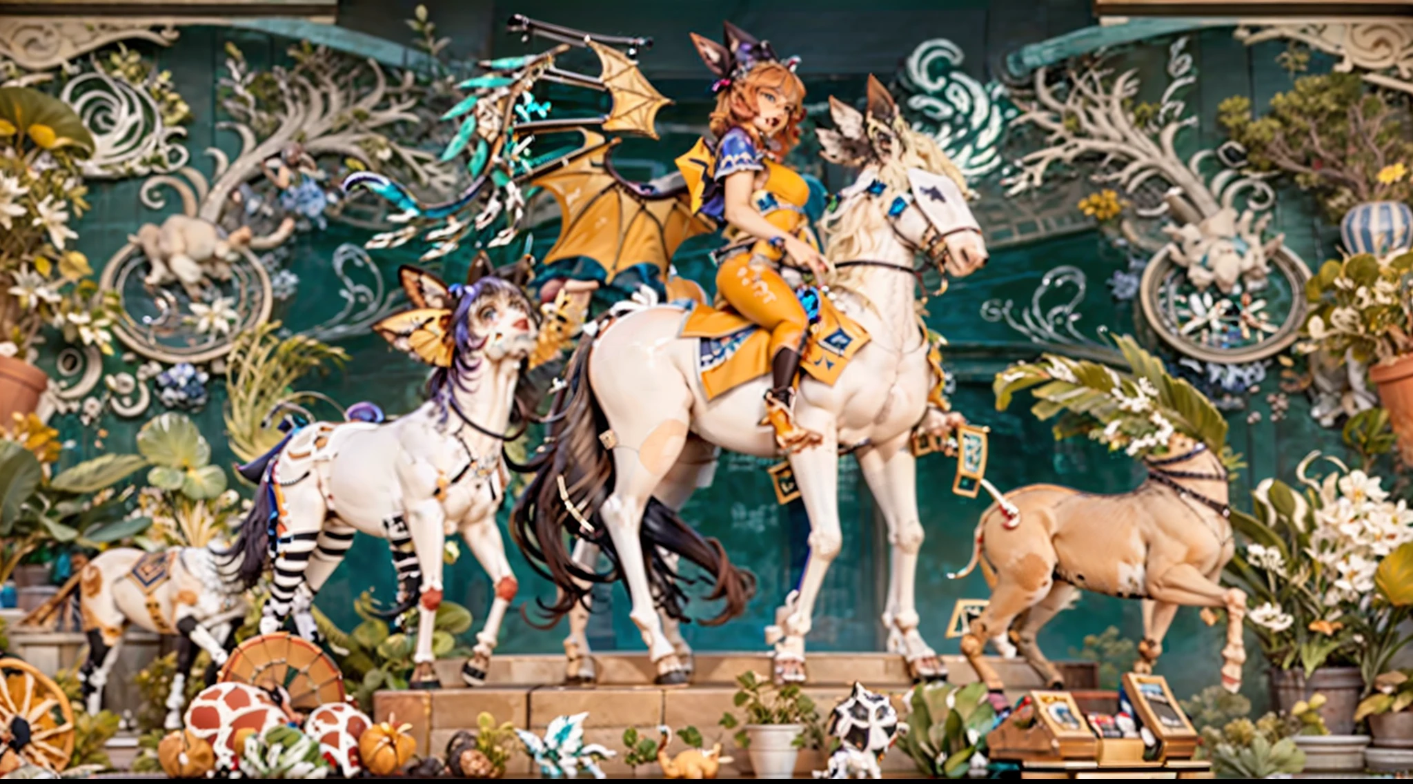 In the beautiful illustration of this super-grand scene，The ultra-long-range lens is shown（Over eight unique centaur characters：9.9），They all have their own characteristics，Vivid and interesting。Radiant angelic centaurs from the heavenly realm，To the hellish centaurs surrounded by nightmarish flames，And then to the Wind Fairy Centaur dancing in the air，There are also one-horned centaurs surrounded by thunder and lightning，and mechanical centaurs that shine with metallic light，And then to the powerful dragon centaur with colored dragon scales covering the whole body，The elegant and agile elf centaur always wears a flower crown with its slender graceful lines，Enchanting and charming Tiflin centaurs。Each character has their own unique charms and abilities。The illustration uses advanced artistic techniques and tools，（Divide the scene into sections by geometric arrangement：9.9），Each section corresponds to a centaur character，This makes more efficient use of space。Through Midjourney's advanced brush tools、Color palette、Material packs and model packs，For each centaur, beautiful props are designed to increase racial characteristics、Clothing and physical features，Enhances the character's personality and visual appeal。The scenery in the illustrations is stunning，There are changing skies、rainbowing、extreme light、Stars and Moon。Incorporating iconic landmarks such as Mount Everest，and fireworks、tranquil lake、Natural and urban elements of waves and neon lights，Creates a magical atmosphere。The centaurs display their unique abilities and equipment in a variety of environments，This is true even in extreme alien landscapes。（Use Midjourney's tools、Material packs、Texture tools、The color palette makes depicting details vivid and realistic：9.9），From complex hairstyles and as well as different racial traits、Body、Appearance features、Clothing to real textures，This greatly enhances the realism of the characters and surroundings。The fusion of multiple art styles adds movement to the centaur's