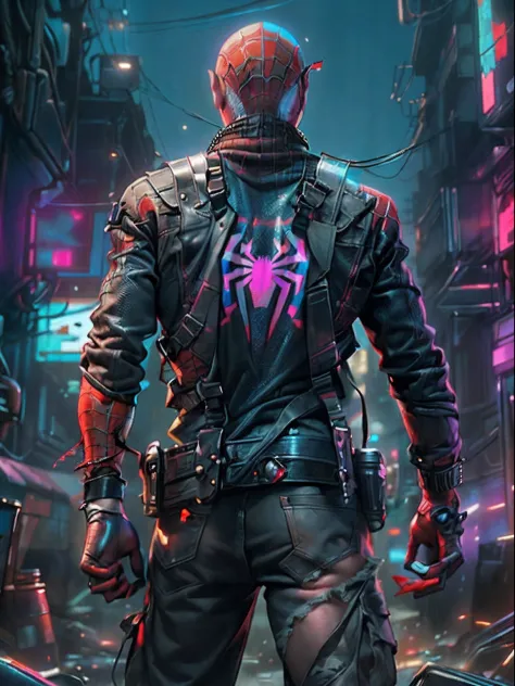 Spider-Man as a zombie,(top-quality、8K、32K、tmasterpiece、NFFSW:1.3)、(hyper HD)、(Photorealsitic:1.4)、RAW photography,Perfect eyes,Charming perfect figure,actionpose:1.2,Detailed cyberpunk fashion、Cyberpunk world,depth of fields,blurred back,、