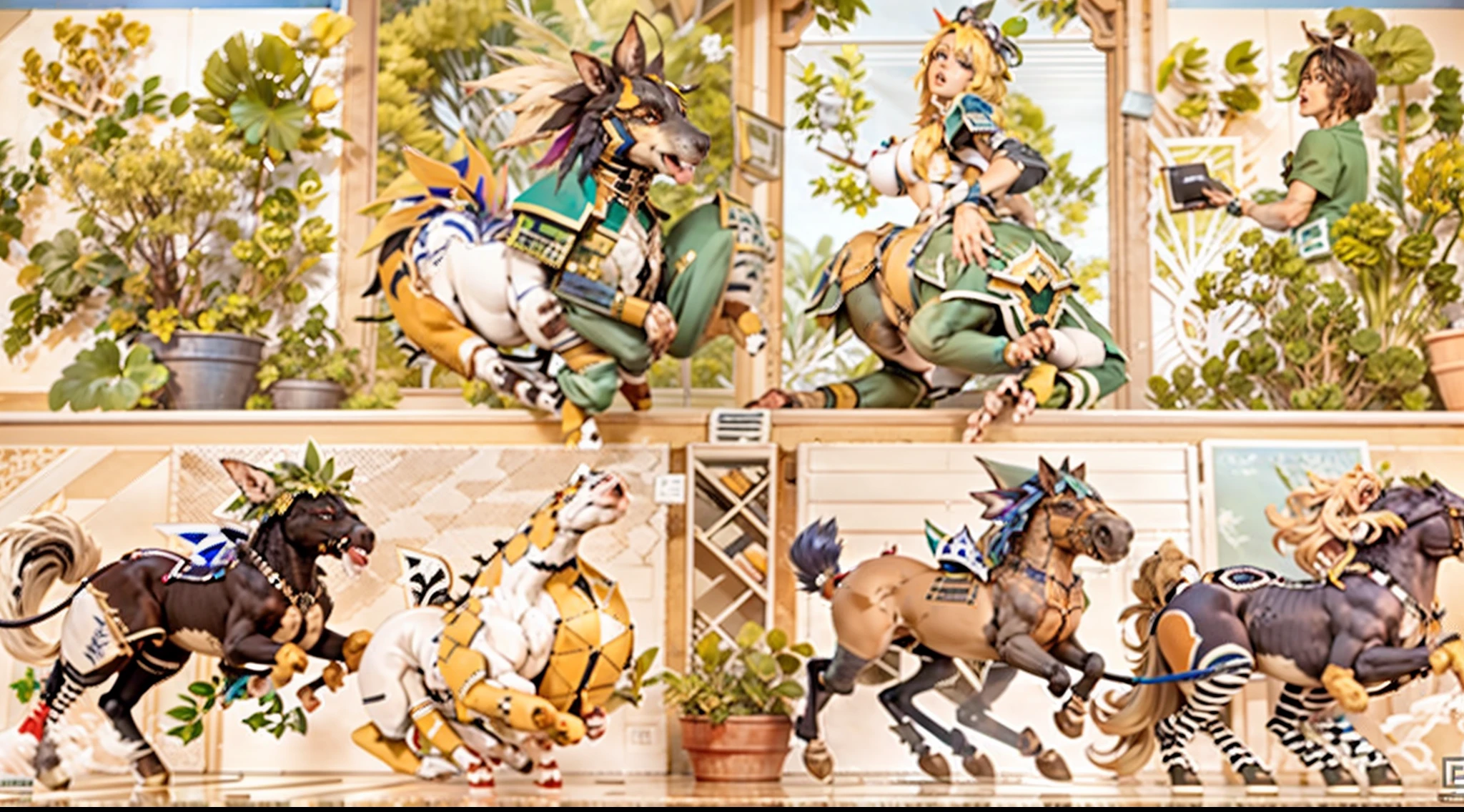 In the beautiful illustration of this super-grand scene，The ultra-long-range lens is shown（Over eight unique centaur characters：9.9），They all have their own characteristics，Vivid and interesting。Radiant angelic centaurs from the heavenly realm，To the hellish centaurs surrounded by nightmarish flames，And then to the Wind Fairy Centaur dancing in the air，There are also one-horned centaurs surrounded by thunder and lightning，and mechanical centaurs that shine with metallic light，And then to the powerful dragon centaur with colored dragon scales covering the whole body，The elegant and agile elf centaur always wears a flower crown with its slender graceful lines，Enchanting and charming Tiflin centaurs。Each character has their own unique charms and abilities。The illustration uses advanced artistic techniques and tools，（Divide the scene into sections by geometric arrangement：9.9），Each section corresponds to a centaur character，This makes more efficient use of space。Through Midjourney's advanced brush tools、Color palette、Material packs and model packs，For each centaur, beautiful props are designed to increase racial characteristics、Clothing and physical features，Enhances the character's personality and visual appeal。The scenery in the illustrations is stunning，There are changing skies、rainbowing、extreme light、Stars and Moon。Incorporating iconic landmarks such as Mount Everest，and fireworks、tranquil lake、Natural and urban elements of waves and neon lights，Creates a magical atmosphere。The centaurs display their unique abilities and equipment in a variety of environments，This is true even in extreme alien landscapes。（Use Midjourney's tools、Material packs、Texture tools、The color palette makes depicting details vivid and realistic：9.9），From complex hairstyles and as well as different racial traits、Body、Appearance features、Clothing to real textures，This greatly enhances the realism of the characters and surroundings。The fusion of multiple art styles adds movement to the centaur's