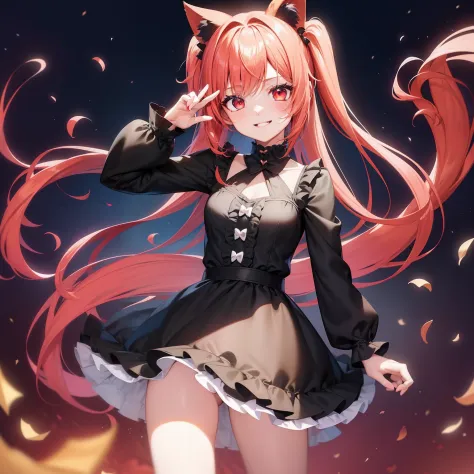 Anime filling,Two-dimensional illustration,Red hair,Half Twin Tail,shorth hair,Big eyes,A smile,a beauty girl,cute little,Super Cute,Black cat ears,Red Eyes,Ruffled Clothes,Black lace clothes,Inner colorGreen,One girl,Full body painting,A masterpiece of 2D...