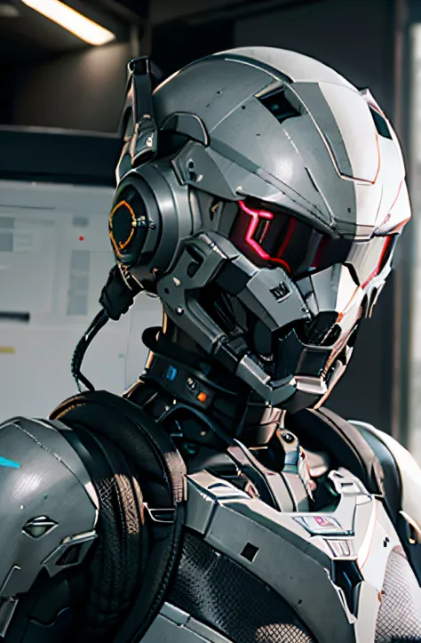 official art, unity 8k wallpaper, ultra detailed, aesthetic, masterpiece, best quality, hyperrealistic and intricate detail, portrait of a military nousr robot, warframe, full robot helmet, character design, detailed helmet, in the style of dieter rams and...