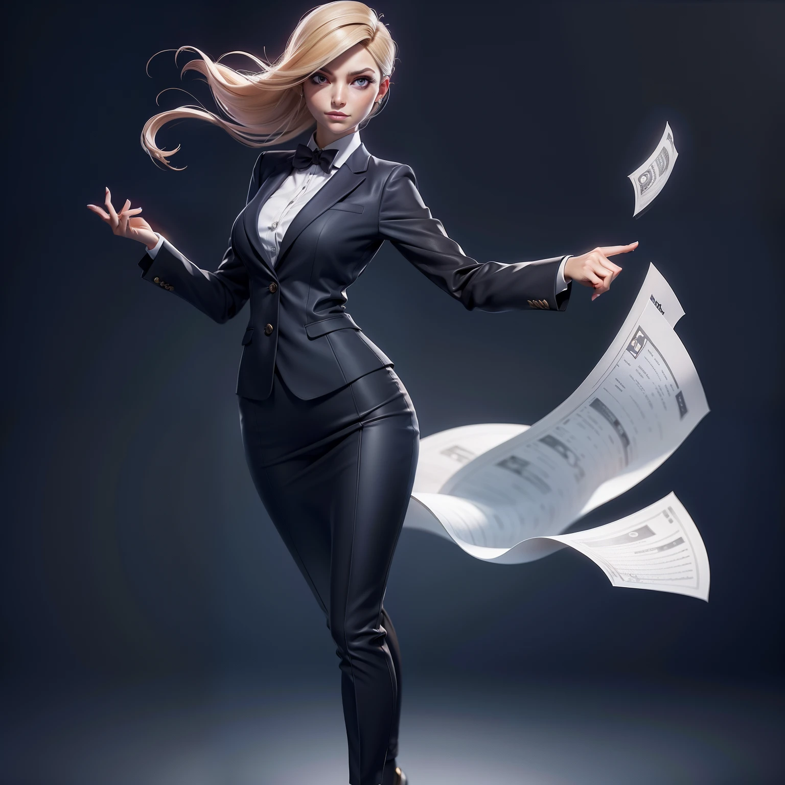 Full body view of a sophisticated banker Lady in a stylish suit, confidently striding and throwing money, High-definition with 8k rendering and a transparent background,