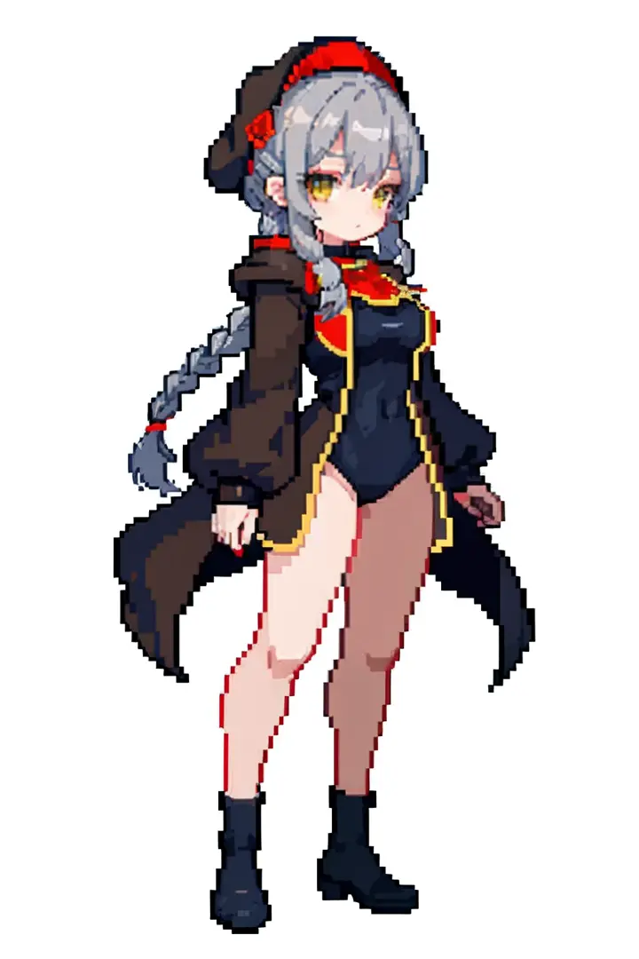 (​masterpiece、top-quality、top-quality)、pixels、Pixel art、Loose gray hair braided twin tails、Yellow eyes、One girl、Dark Red Beret、((Brown cloak))、(Obscene leotard with a lot of black exposure)、full body Esbian、huge-breasted、痴女、traveller、