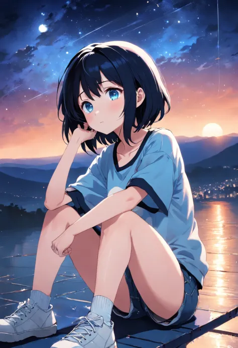 Anime Girl, black hair, blue eyes, sitting under the nightsky, stargazing, listening to music, plaine white tshirt, denim shorts