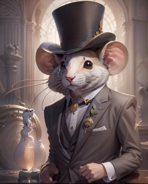 Design a captivating magazine cover showcasing a single mouse dressed impeccably in a custom-tailored suit, emphasizing the minu...