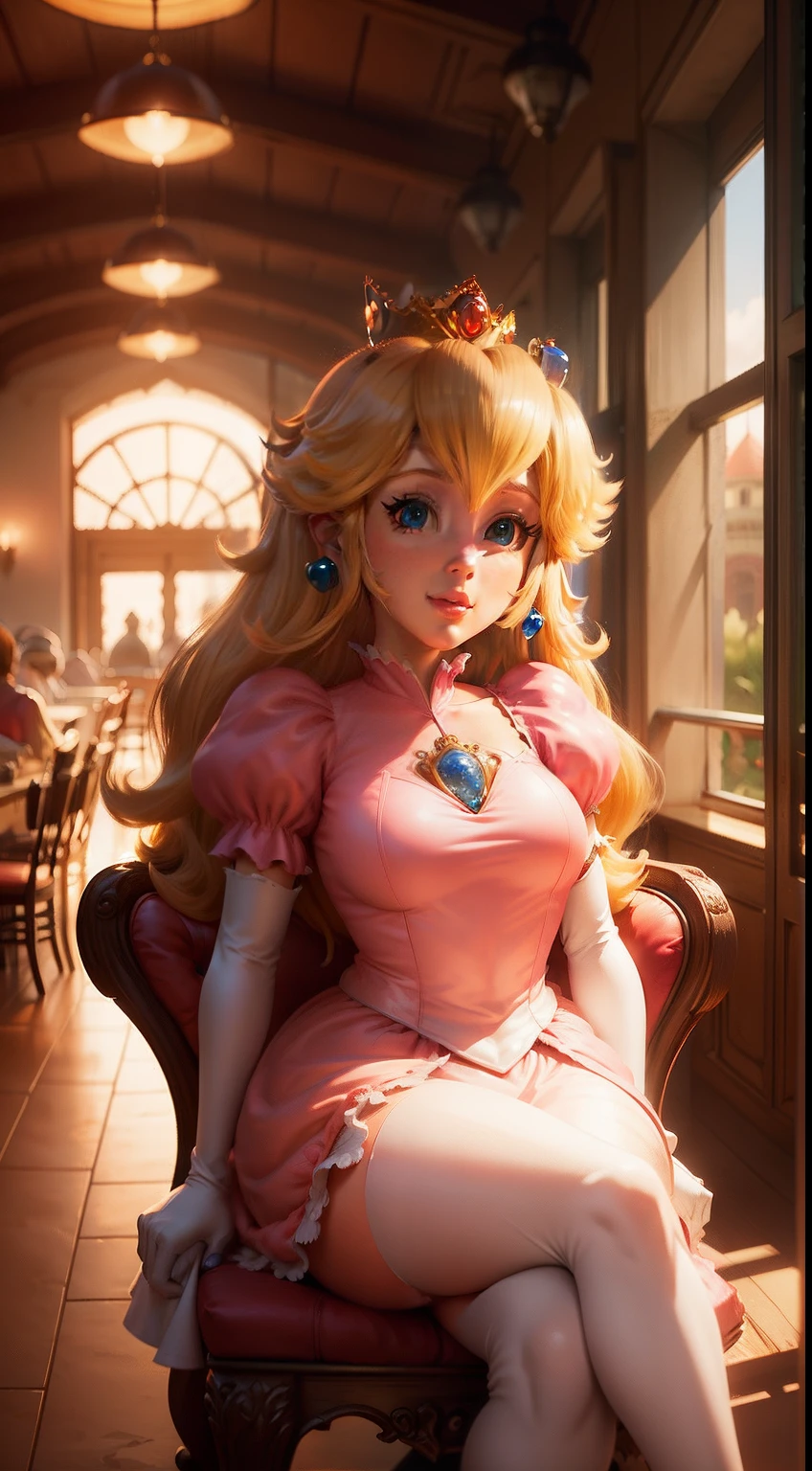 Princess Peach on the restaurant, sitting on the table,, by Frank Frazzetta
