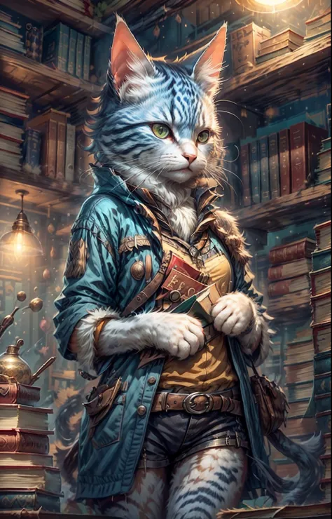 a behind scene for cat pulling a book from a shelf in a library, geek, realistic,