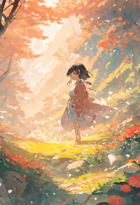 "and Izumi yarn fog"High quality CG drawings,Meticulous depiction,Extremely beautiful bloom, It emphasizes the softness and agility of the spring mist,A fairyland-like scene, Elegant scenery,Japanese illustration style,light breeze,Flowers fall,Clear creek...