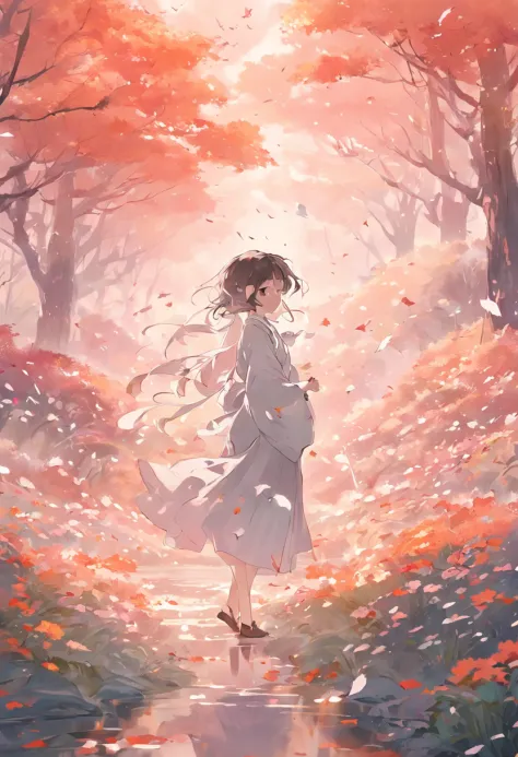 "and Izumi yarn fog"High quality CG drawings,Meticulous depiction,Extremely beautiful bloom, It emphasizes the softness and agility of the spring mist,A fairyland-like scene, Elegant scenery,Japanese illustration style,light breeze,Flowers fall,Clear creek...