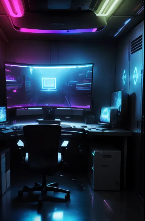 A dimly lit computer lab，There are a lot of monitors and a keyboard, cyber punk setting, Cyberpunk configuration, cyber led neon lighting, cyber space, cyberpunk with neon lighting, cyber neon lights, in a cyberpunk themed room, Indoor cyberpunk, gamer screen on metallic desk, cyber aesthetic, Cybernetic style, sci-fi computer, Cyber background, Network installation, console and computer