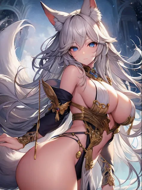 Top Quality, Beauty and Aesthetics, Very Detailed, Detailed Face and Eyes,anime, 1 Girl, Fox Ears, large Tits, Tail,fox girl,longhair,haircolorwhite,beautifuldress,