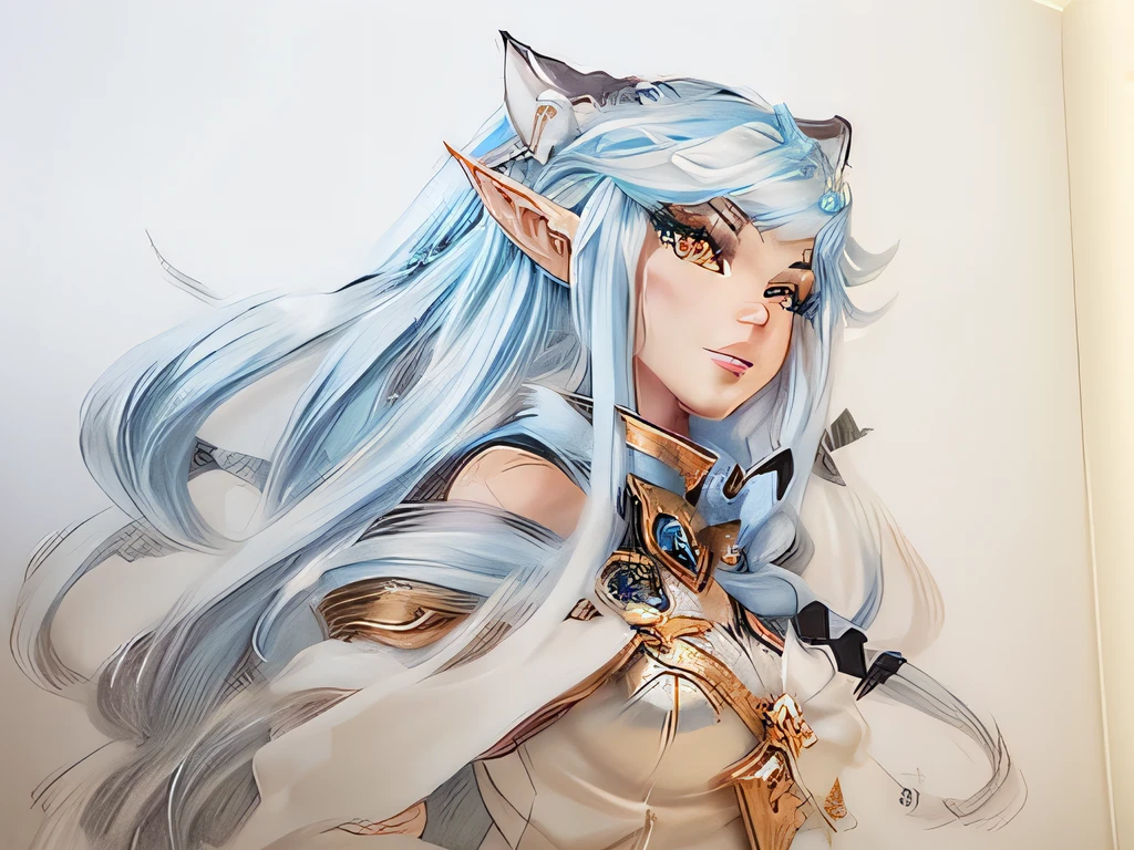 drawing of a woman with long hair and a sword in her hand, she has elf ears and gold eyes, character drawing, anime in fantasy style, holo is a wolf girl, character design sketch, senna from league of legends, samira from league of legends, elven character with smirk, high quality of sketching, in style of disney animation