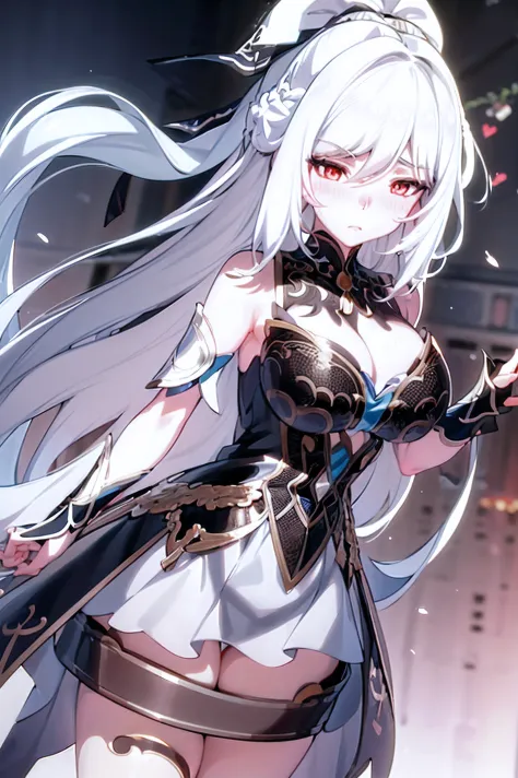 white hair, very long hair, eye reflection, serious, blush, anime, high detail, Hyperrealism, anime style, depth of field, jpeg artifacts, reflection light, bloom, UHD, retina, masterpiece, super detail, 16k, huge breasts