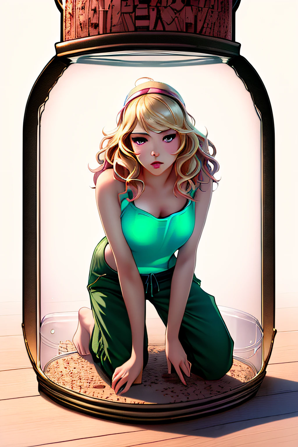 (in glass jar:1.45), full body kate upton, trapped, cramped, cinematic lighting, rim light, reflections, front view, masterpiece, best quality, 1girl, barefoot,  pink eyes, short hair, wavy hair, blonde hair, small breasts, green crop top, baggy pants,  embarassed, kneeling, shrunken, black background, detailed, realistic, hyper detailed, facial details, cork, seal, lid, cap, defined, lips,