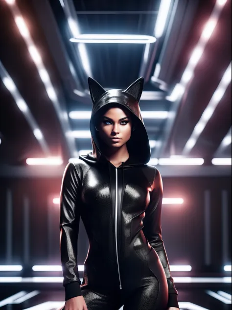 "A human-cat hybrid wearing a sleek black hoodie, striking dynamic poses on a modeling stage, set against the perfect lights, Un...