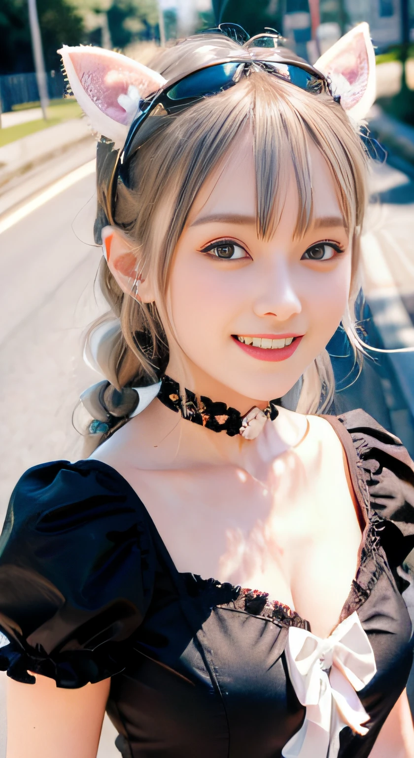 (ultra-detailliert), Frontal Face,head shot, Front view,Cute princess dresses in black color,(frilly dress),(shortsleeves),Blue eyes,The upper part of the body、cowboy  shot、faces、(A smile:1.5),(facing front:1.2), 20yr old, teens girl,no tail,(no tail),2D, ​masterpiece, top-quality, animesque, A detailed eye, A detailed face, girl with, Only 1 person,Silver-haired medium hair, (silber hair),  Ear Hair, small tits, Single braid, (Single braid), (Side braid), Pink ribbon, Ribbon around the neck, (White sleeves), Standing in the middle of the road