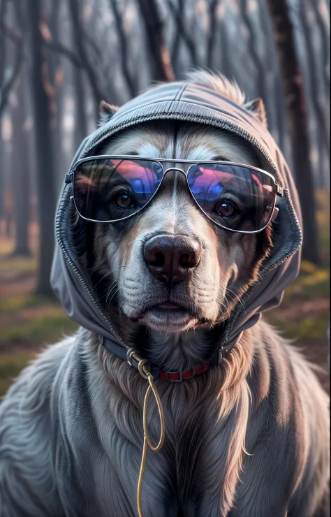 "Wild and dignified eyes shining through sunglasses, a dog wearing a gray hoodie, against a dynamic background."