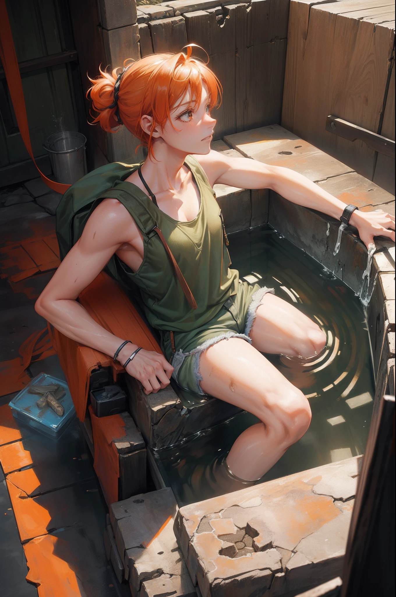 Anime girl sitting in a hot tub with a green shirt - SeaArt AI