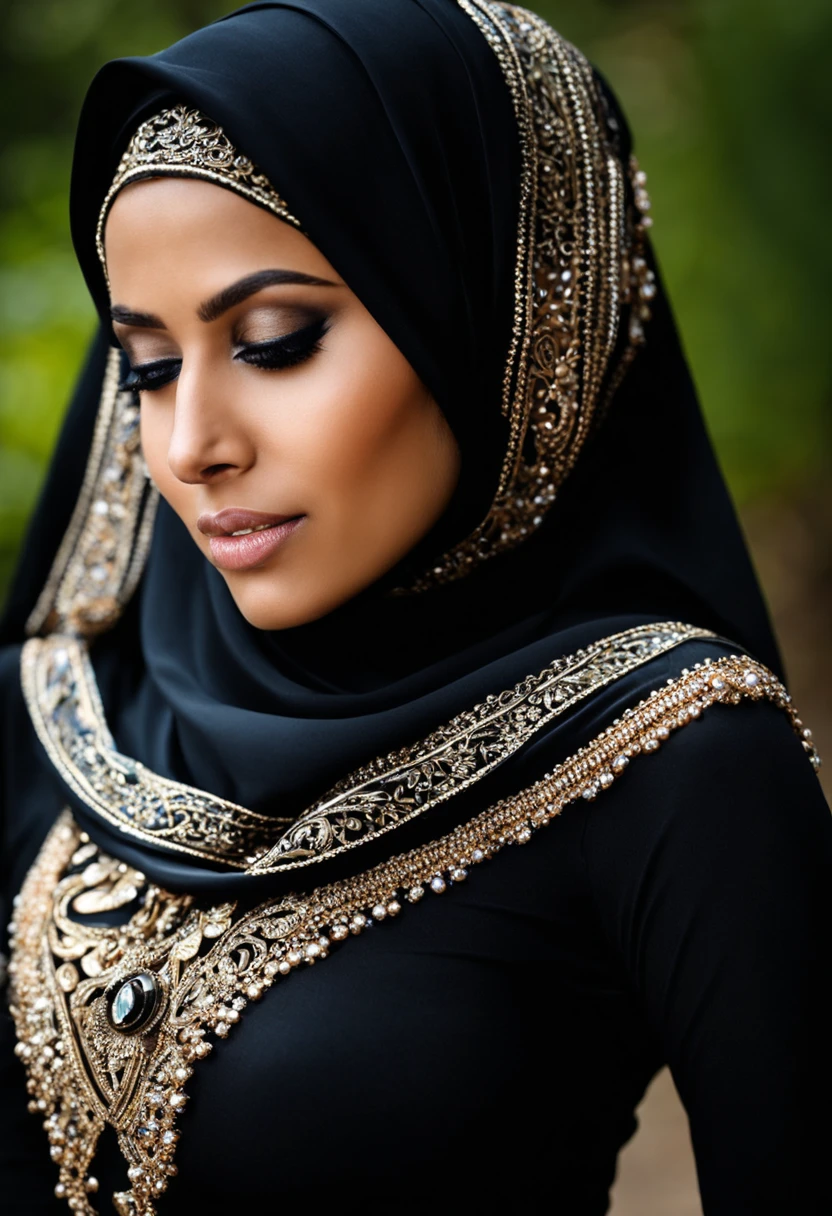 Woman in hijab. Wearing black color skin tight clothing. Clothing so tight it is like a part of the skin