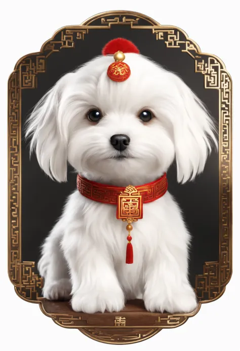 Cute and cool stickers, Maltese, fluffy lid, White background, Cute teenage puppy in ancient chinese costume, pans，Cinematic, hyper realisitic, backlit lighting,Very low angle, Highly detailed, zoomout, Rendered in Unreal Engine,