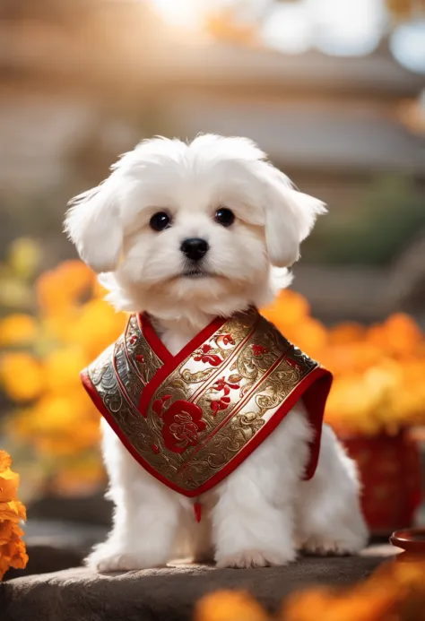 Cute and cool stickers, Maltese, fluffy lid, White background, Cute teenage puppy in ancient chinese costume, pans，Cinematic, hyper realisitic, backlit lighting,Very low angle, Highly detailed, zoomout, Rendered in Unreal Engine,