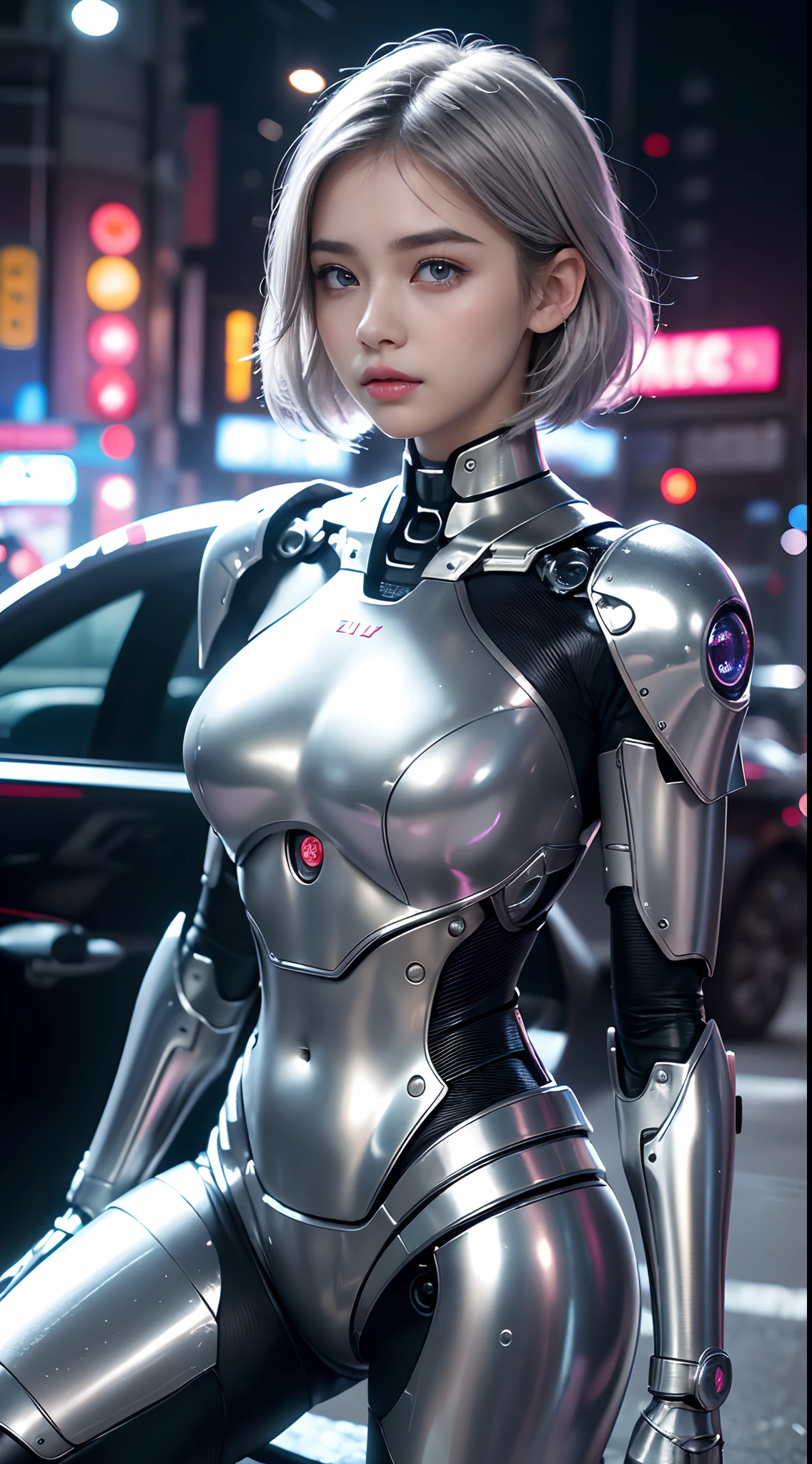 the best ever、(((full body Esbian)))、(((The sheen)))、(((Very shiny metal suit)))、The cute beauty of the mecha(Best Quality, Detailed details, masutepiece, , 8K, Chiaroscuro，Bust photos are ultra-realistic and realistic, Highly detailed Canon videography )、((Beautiful and shining natural eyes))、Beautiful navel、Human skin type、（(Highly photorealistic human beings))、(Perfectly round pupils)、The details of the iris of the pupil are very amazing、(((Shining eyes)))、accurate fingers、Limbs without breakdowns、(((Caucasian 14 year old girl)))、((very fair pink skin))、Naturally closed mouth、Natural areola、natural 、Staring eyes、Natural body、a baby face、Feminine face、Feminine body、(with round face)、a small face、soft cheeks、Looking at the camera、full body Esbian、、Beautiful and shining natural eyes、Beautiful navel、Human skin type、（(Highly photorealistic human beings))、(Perfectly round pupils)、The details of the iris of the pupil are very amazing、Limbs without breakdowns、Naturally closed mouth、Natural areola、natural 、Staring eyes、Natural body、Slightly baby-faced、Feminine face、Feminine body、with round face、a small face、soft cheeks、Looking at the camera、full body Esbian、Balanced face、drooing eyes、(Not a crushing eye)、Body with human-like proportions、((Slightly longer arms))、((rather long torso))、((slightly larger hands))、human face、(((Glowing silver hair)))、(((Cool Shortcut Hair)))、(((The background is the future)))、(((8 Head Body)))、(((Light blue eyes)))、(((Thin thin silver eyebrows)))、(((Thin eyebrows)))、Looking at this、Gentle double eyelids、(((Gentle face)))、(((Background Mecha)))、bladerunner、(((RoboCop)))、Ghost in the Shell、(((Night background)))、(((Makeup is light)))、(((The quality of Hollywood sci-fi movies)))、(Neon light)、(((Tokyo in 6000 AD)))