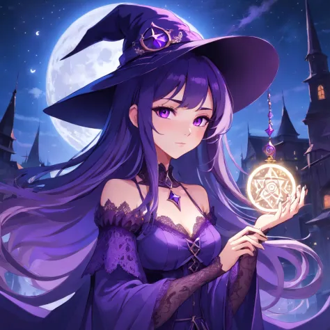 color photo of a witch with long, flowing hair cascading down to her waist, as seen in a profile view. Her hair is a lustrous shade of midnight black, with occasional streaks of vibrant purple intertwined throughout. Her violet eyes shimmer with a mysterio...