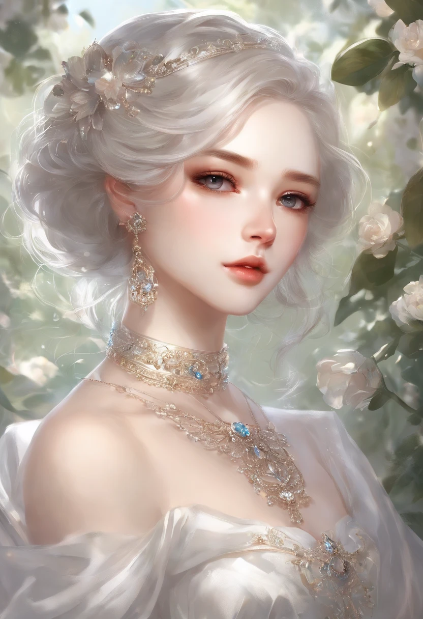 Delicate face on pixiv，Overhead shots，Thick acrylic illustration，by Kawacy，by john singer sargent，A masterpiece，upperbody，princess，one girl，white eyes，grey hair，Fair Skin，beautiful face，God light，White dress，Lots of detail，High best quality，Dregs，depraved，8k，Super meticulous，Latest Pixiv illustrations，dynamic poses，dynamic angles，Gorgeous light and shadow，Transparent，Detail decoration，Detail lineystical，fantasy，Magic，shine，fantasy