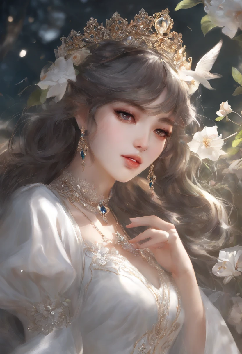 Delicate face on pixiv，Overhead shots，Thick acrylic illustration，by Kawacy，by john singer sargent，A masterpiece，upperbody，princess，one girl，white eyes，grey hair，Fair Skin，beautiful face，God light，White dress，Lots of detail，High best quality，Dregs，depraved，8k，Super meticulous，Latest Pixiv illustrations，dynamic poses，dynamic angles，Gorgeous light and shadow，Transparent，Detail decoration，Detail lineystical，fantasy，Magic，shine，fantasy