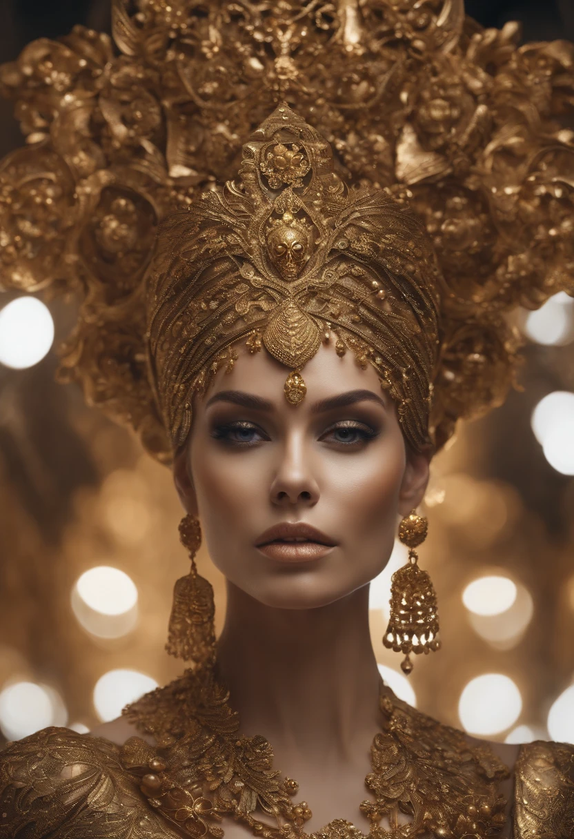 The woman wears gold and gold makeup,The style of the skull pattern,Covered with luxurious jewelry, jewelry, Luxurious, Dark white and dark bronze, Jewelry for painters and sculptors,high detailed,Realistic,hyper intricate details, 8K, cenematic lighting, filmic