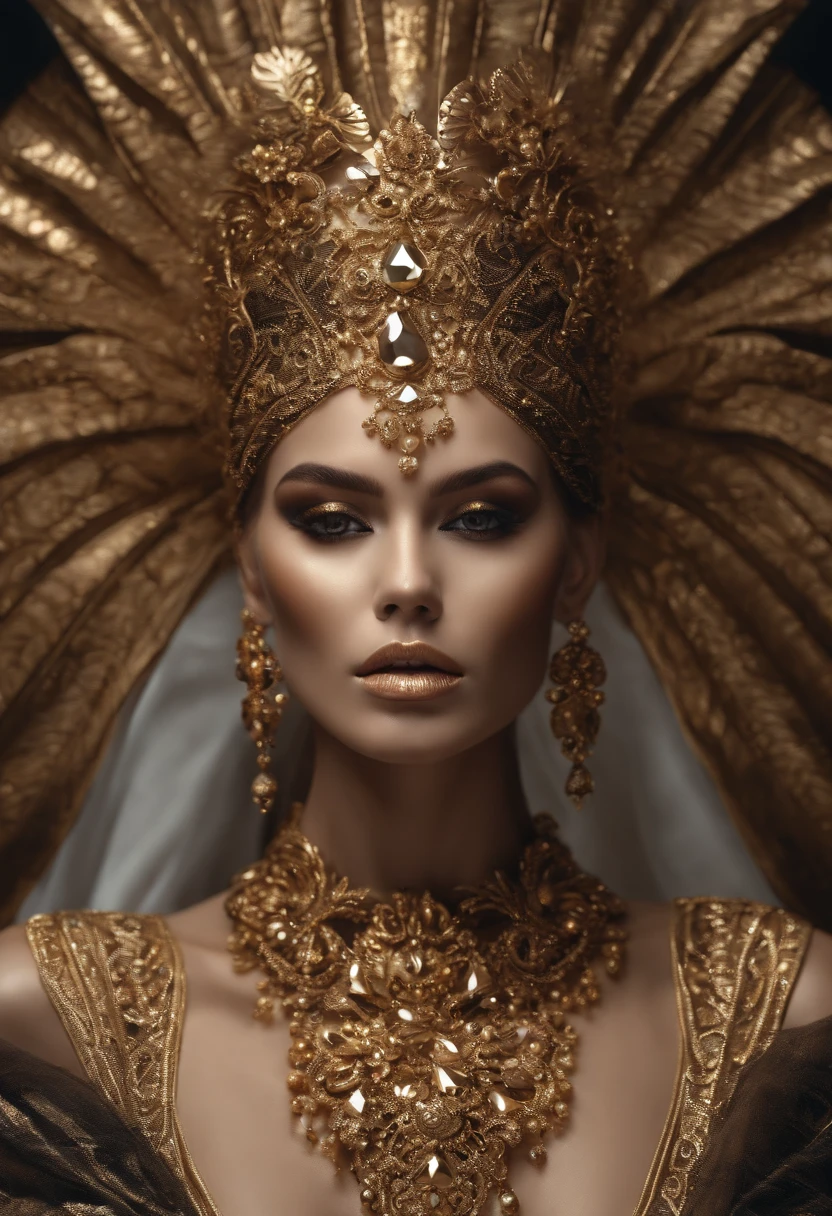 The woman wears gold and gold makeup,The style of the skull pattern,Covered with luxurious jewelry, jewelry, Luxurious, Dark white and dark bronze, Jewelry for painters and sculptors,high detailed,Realistic,hyper intricate details, 8K, cenematic lighting, filmic