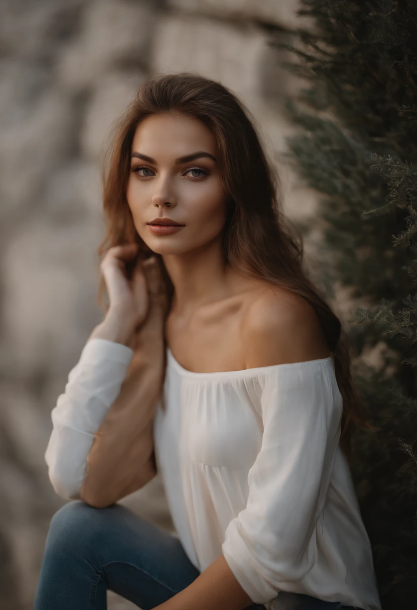 Femme arafed avec de longs cheveux et un haut blanc debout devant un mur de pierre, fille aux cheveux bruns, Elle a environ 1 6 ans, Pokimane, cheveux fluides debout sur un rocher, aux cheveux longs, jeune belle femme, soft portrait shot 8 k, Anna Nikonova alias Newmilky, Alina Ivanchenko, Photo de la jeune femme