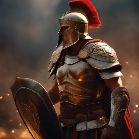 A closeup of a gladiator with a helmet and a armor, character concept art, senior concept artist, strong upper body, holding shield in hand, side profile