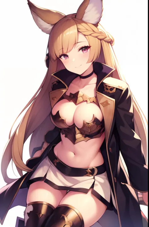 1girl, 2017, \m/, anapom, animal_ears, armor, bad_id, bad_twitter_id, black_thighhighs, blonde_hair, boots, braid, coat, erune, fang, granblue_fantasy, long_hair, open_clothes, open_coat, pink_eyes, simple_background, skirt, solo, thighhighs, white_backgro...