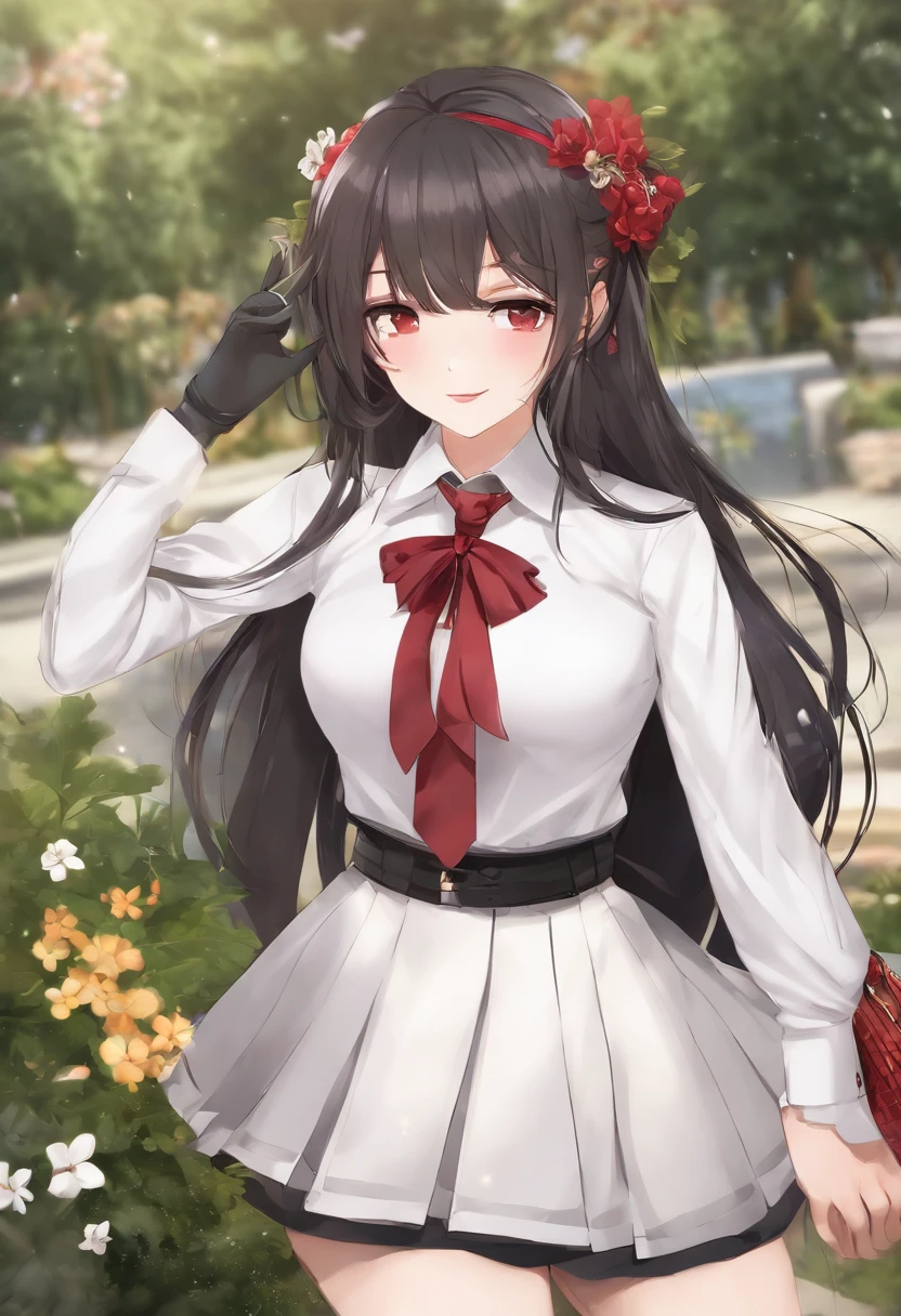 Full body, 1girl in, Bangs, Black Choker, black necktie, Black hair, Blue skirt, blush, 手链, breasts, Choker, clothes around waist, 鎖骨, Collared shirt, dress shirts, ear piercings, eyebrows visible through hair, Gradient Hair, grin, gals, Jewelry, Kogal, Long hair, Looking at Viewer, loose necktie, neck tie, Piercing, Plaid, plaid skirts, Pleated skirt, Red Eyes, Ring, School uniform, Shirt, Skirt, Smile, Solo, White shirt, Street, skyporn, cherryblossom, flower petals, (magazine:1.3), (cover-style:1.3), Fashionable, Woman, Vibrant, outfit, Posing, front, Colorful, Dynamic, Background, element。, which are full of confidence, expression, Holding, statement, accessory, An majestic, coiled, Around, Touch, Scene, Text, cover, Bold, captures the attention, Titles, Stylish, Font, Catchy, headline, Larger, striking, Trendy, Focus, Fashion, Blonde hair, Very long hair, Halo, Hair Bow, Smile, longeyelashes, Cowboy Shot, Illustration, Modern, letterbox, One-person viewpoint, surrealism, masutepiece, Best Quality, nffsw, hight resolution, Anatomically correct, Textured skin, Super Detail, high details, retinas, masutepiece, ccurate, 4K