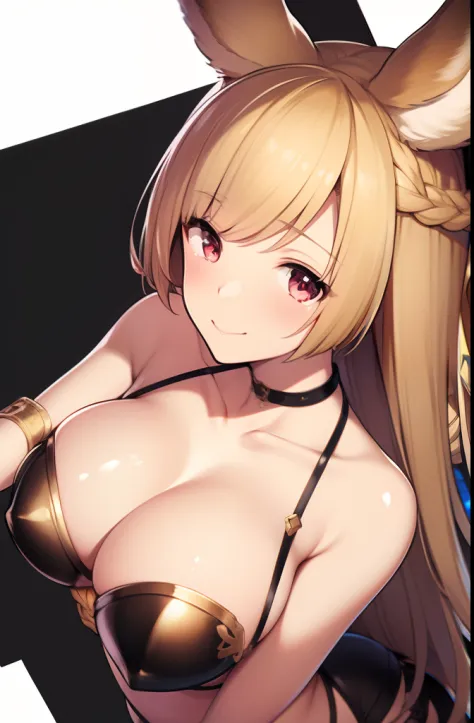1girl, animal_ears, bare_back, blonde_hair, braid, commentary_request, erune, glove_pull, gloves, granblue_fantasy, highres, licking, licking_hand, long_hair, low-tied_long_hair, red_eyes, ryokucha_(i_cobalt), solo, yuisis_(granblue_fantasy)