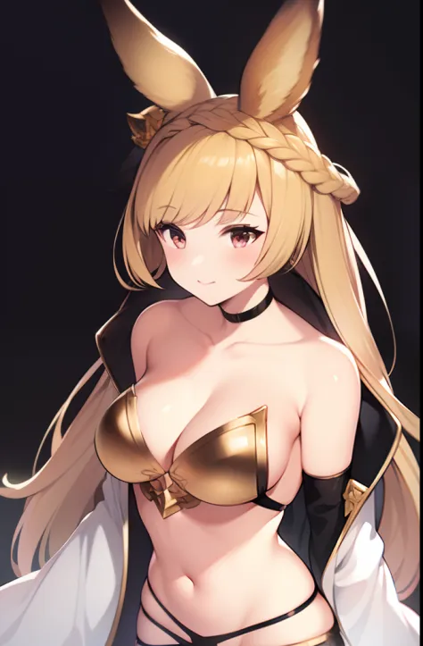 1girl, animal_ears, black_gloves, blonde_hair, braid, choker, collarbone, commentary_request, covered_navel, cropped_legs, detached_sleeves, erune, gloves, granblue_fantasy, long_hair, looking_at_viewer, red_eyes, robo8, simple_background, solo, thighhighs...