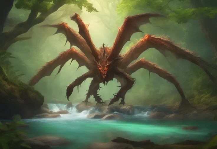 giant dragon spider hybrid monster in a dark dense foggy forest ...