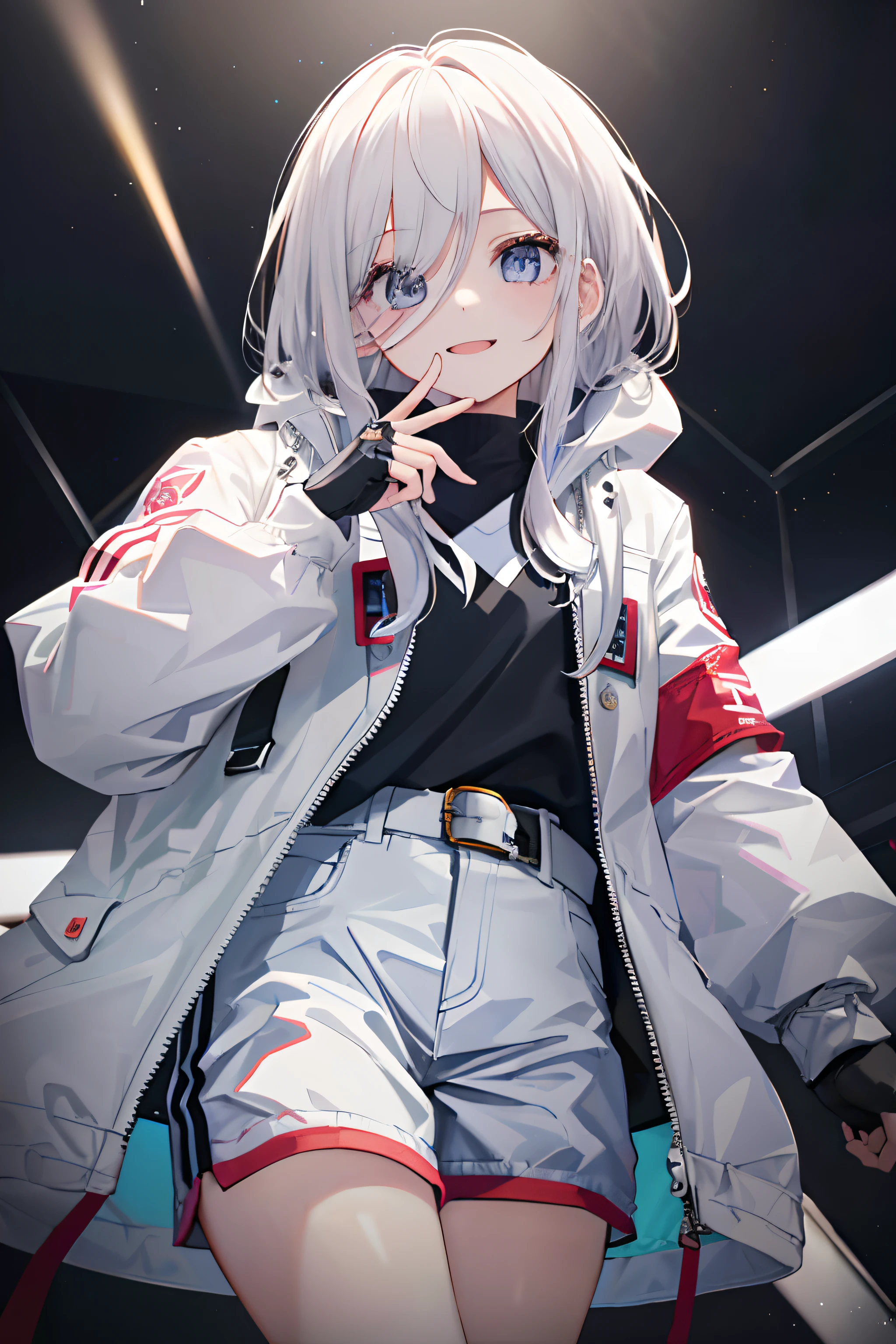 ，1girll,(Masterpiece, Best quality:1.1),solo, Curvy, Evil smile,White jacket, Casual style,Open jacket, belt, Cowboy shot、White color hair，a small face、hason、Bright smile、(parka、Finger gloves、White sneakers)、(Fine fingers、human hand)、(Detailed face) 、(top-quality: 1.4、tmasterpiece、 hyper HD、 Top resolution,、The is very detailed、 profesional lighting、 Gray light illumination、low angle from below)