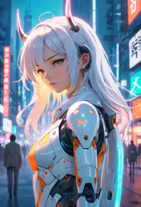 1girl, night, a beautiful full body cyborg girl cyberpunk with a cyberpunk scape tall buildings, lots glow light bokeh, lots big glow light, long shot photography, full body, white hair, cyber mask, cyber horn, white and orange and black machine suit color...