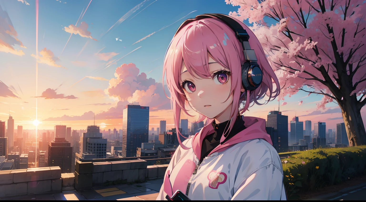 ​masterpiece、top-quality、Movie stills、1girl in、gotou hitori， gotou1，animesque、Pink shorthair、Pink hair、eyes large、Big eyes with sparkly、singers、illustratio、jaket、headphones、kawaii、Large grasslands、Sunset in the city（Spark：0.7）、Background like Makoto Shinkai、sixteen years old、The eyes are a little big and closer.