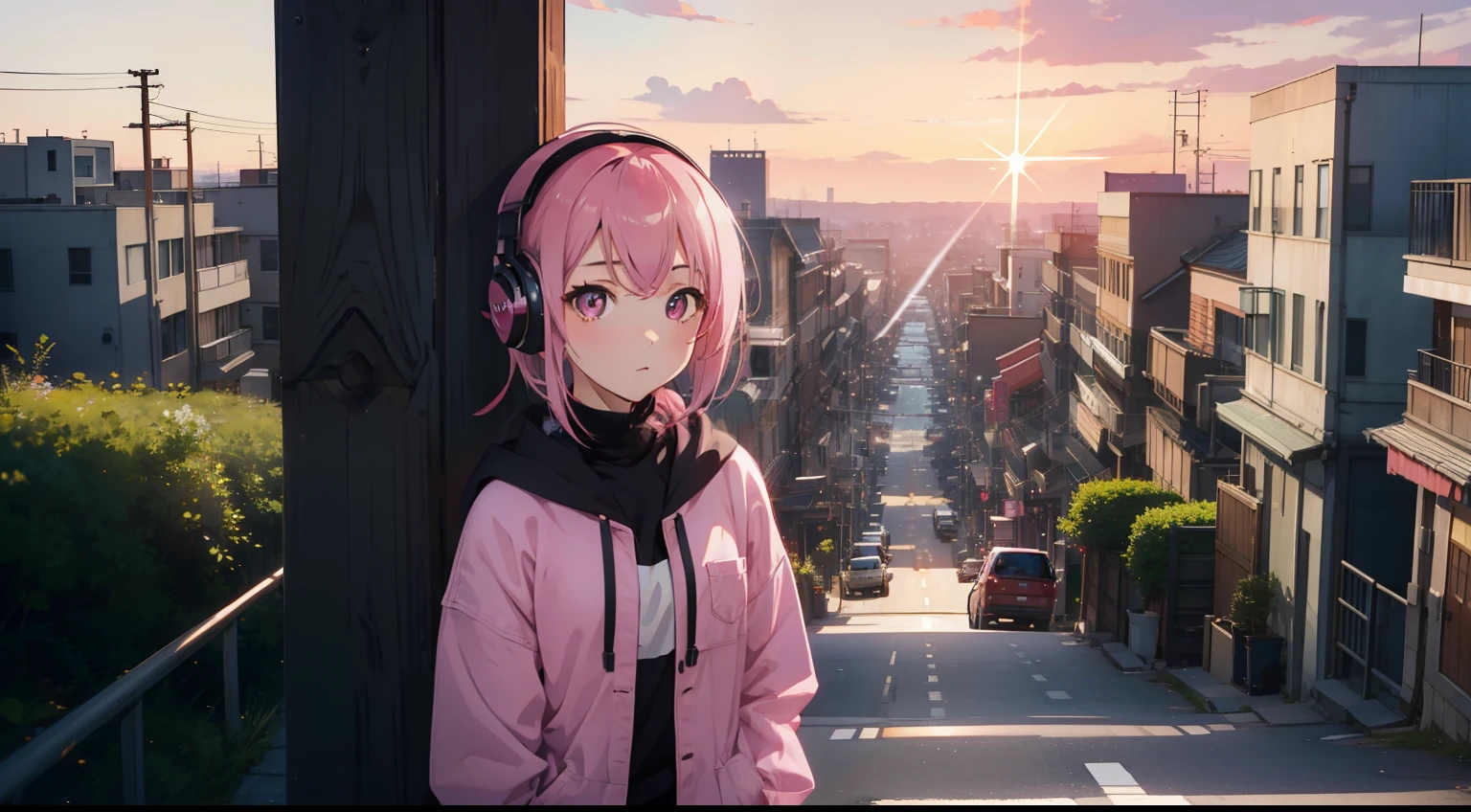 ​masterpiece、top-quality、Movie stills、1girl in、gotou hitori， gotou1，animesque、Pink shorthair、Pink hair、eyes large、Big eyes with sparkly、singers、illustratio、jaket、headphones、kawaii、Large grasslands、Sunset in the city（Spark：0.7）、Background like Makoto Shinkai、sixteen years old、The eyes are a little big and closer.