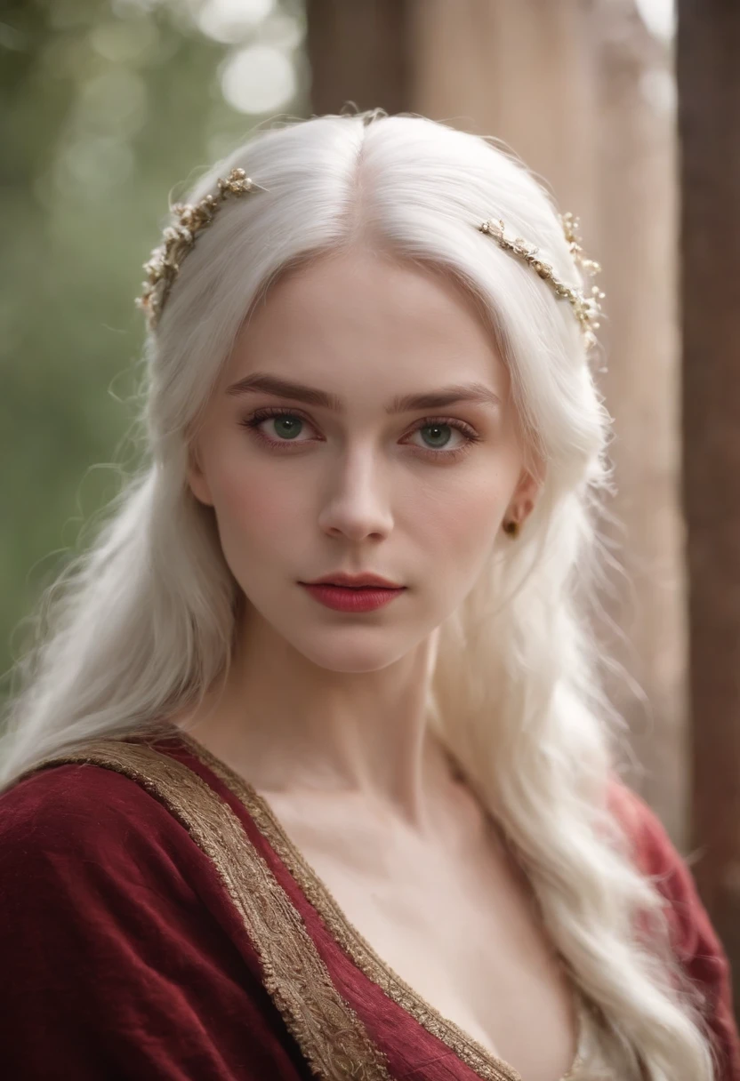 (((a deep reddish wound crosses her left cheek))) fair complexion, woman around 19 years old, natural white hair, distinctive green eyes, wearing kohl, slender and graceful, beautiful, candlelight in a medieval setting, ultra sharp focus, realistic shot, medieval female clothes, tetradic colors (scar:1.4)