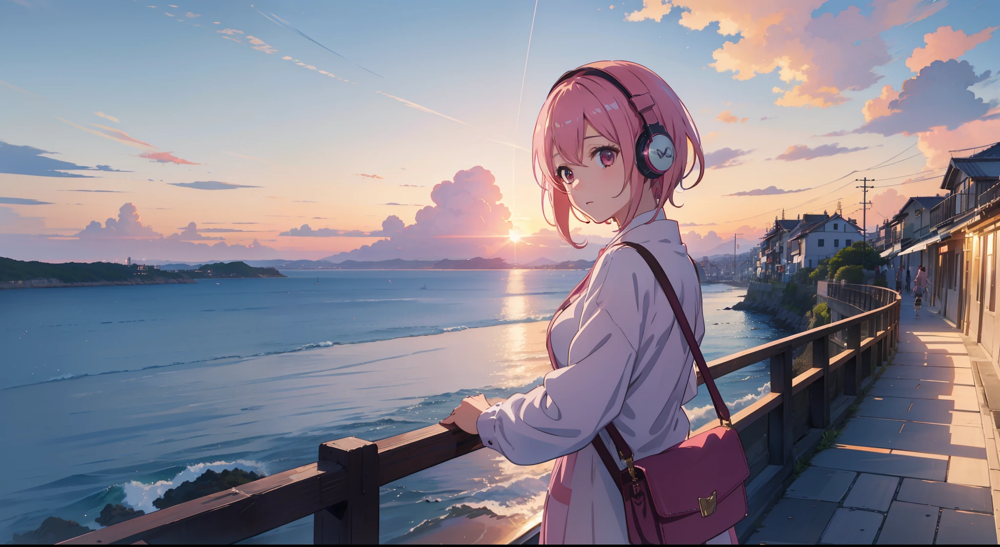 ​masterpiece、top-quality、Movie stills、1girl in、gotou hitori， gotou1，animesque、Pink shorthair、Pink hair、singers、illustratio、Beautiful clothes、headphones、kawaii、A town with a view of the sea、Sunset in the city（Spark：0.7）、Background like Makoto Shinkai、Different angle