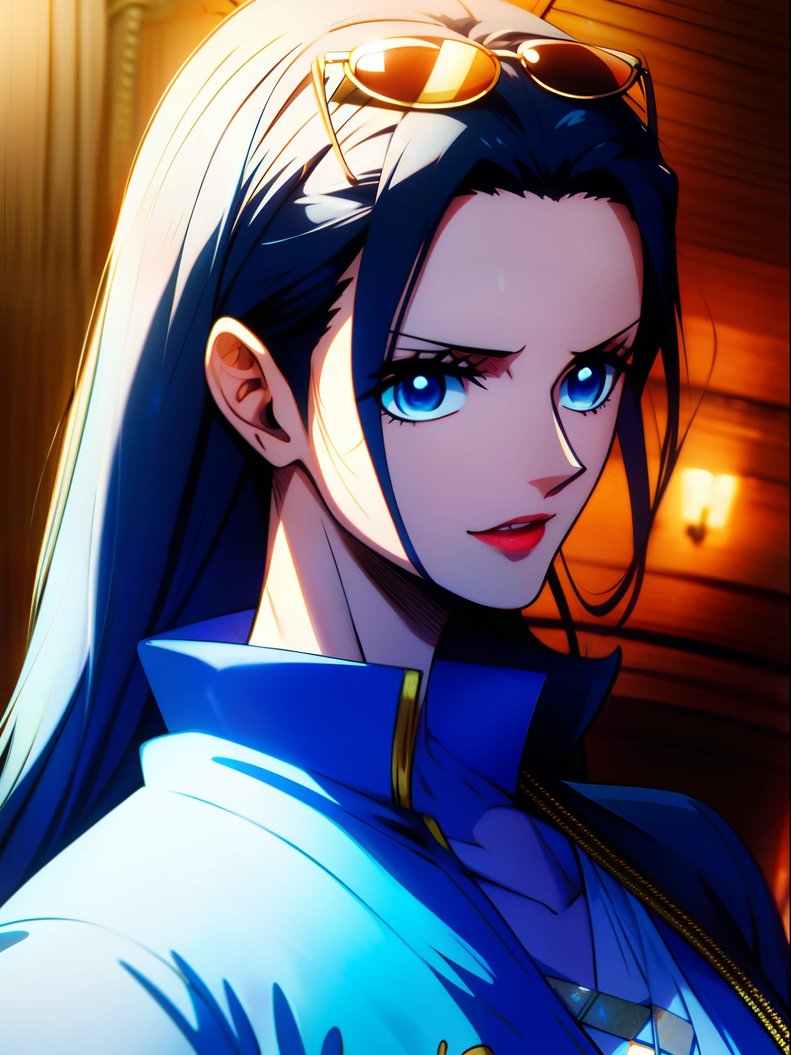 Robin Nicobar From One-piece , blue blows , blue transperent Sunglasses on her he , long hair , blue eyes , red lips , gold hearing on her hearing, hyper realistic Detailed high quality image 4k Image